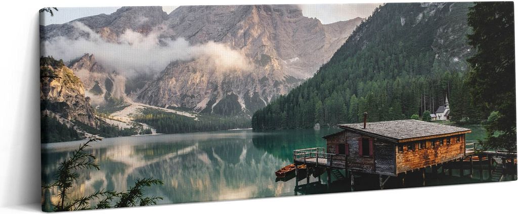 Hütte an einem See in den Bergen – Leinwandbild Wandbild – 125x50 cm – Leinwandbilder – Wandbilder – Schlafzimmer – Flur