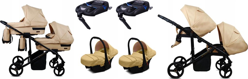 BabyLux DUO | 4in1 Kinderwagen Set | Beige | Geschwisterwagen Zwillingskinderwagen | Kinderwagenset | Isofix-Basisstation + Buggy + Babywanne + A...