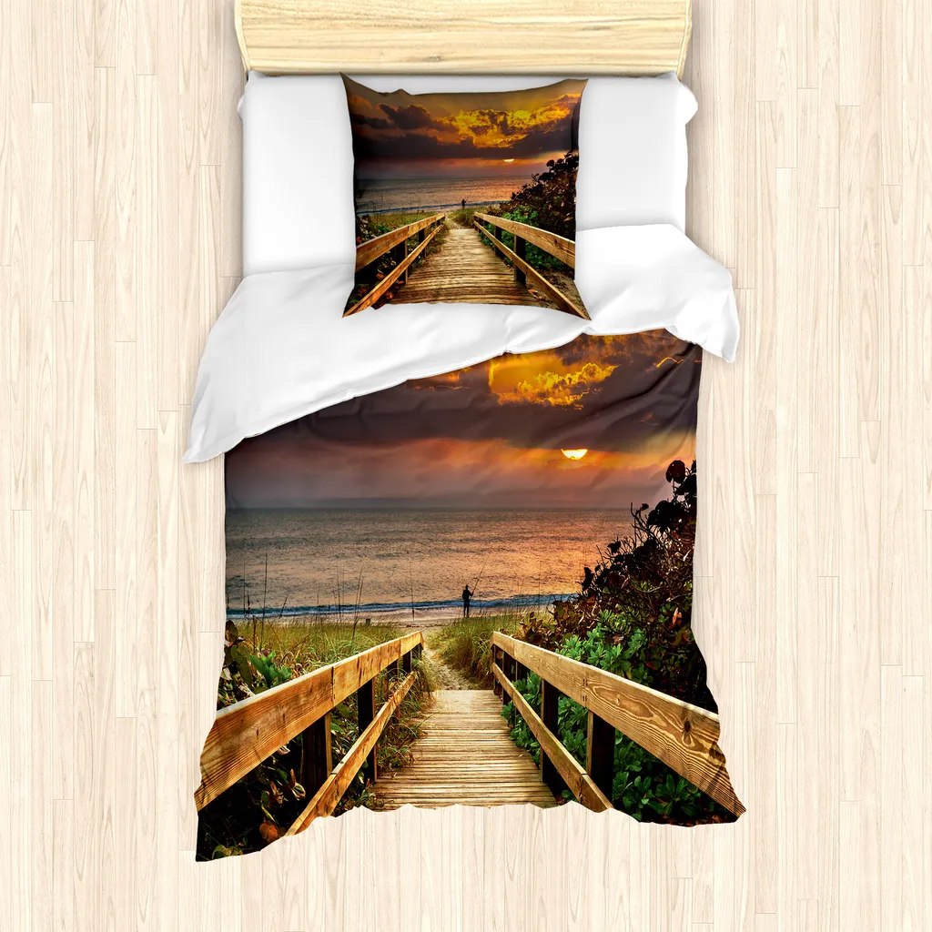 ABAKUHAUS Set copripiumino per letto singolo, Pier Sunset Beach in legno, antiacaro e anallergico con federa, 135 cm x 200 cm - 80 x 80 cm, multicolore