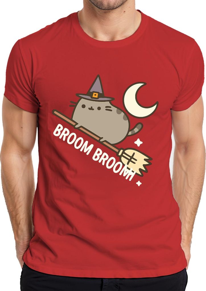 Süße Hexenkatze Niedlich Besen Halloween Mond Cartoon Katze Stern Herren T-Shirt, Rot, XXL