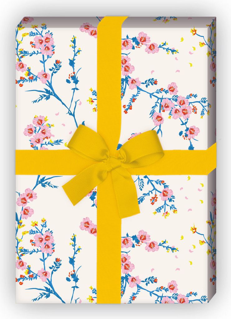 Zartes Blumen Geschenkpapier mit Hibiskus Blüten-Zweigen, rosa - G11538, 32 x 48cm
