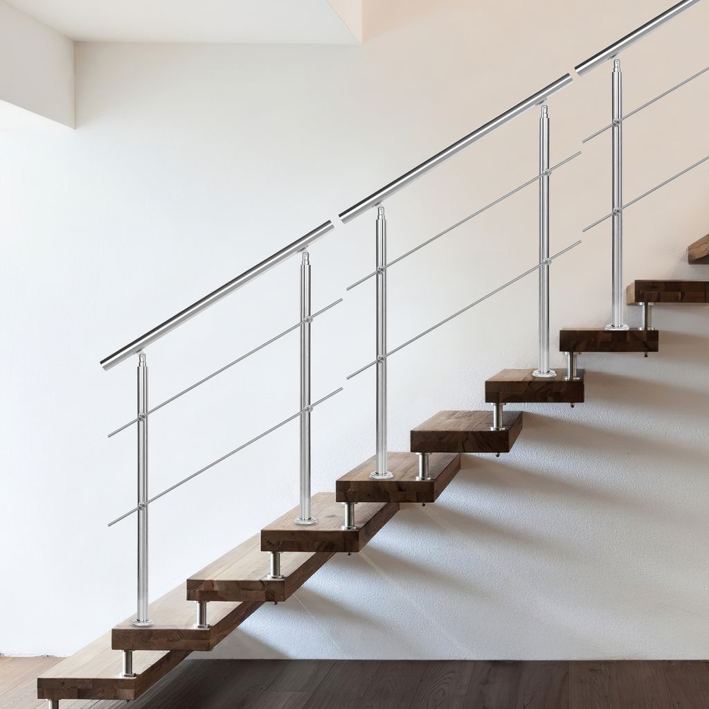 Yakimz Treppengeländer Edelstahl 80-180cm Geländer Innen und Außen Handlauf Brüstung Balkon mit Kugelring Neigung - L. 180cm 2 Querstreben