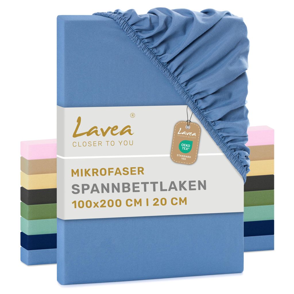 Lavea Spannbettlaken 100x200 cm, Mikrofaser Spannbetttuch mit Rundumgummi, für Matratzen bis 35 cm, atmungsaktiv & kühlend, 1 Stück, Himmelblau