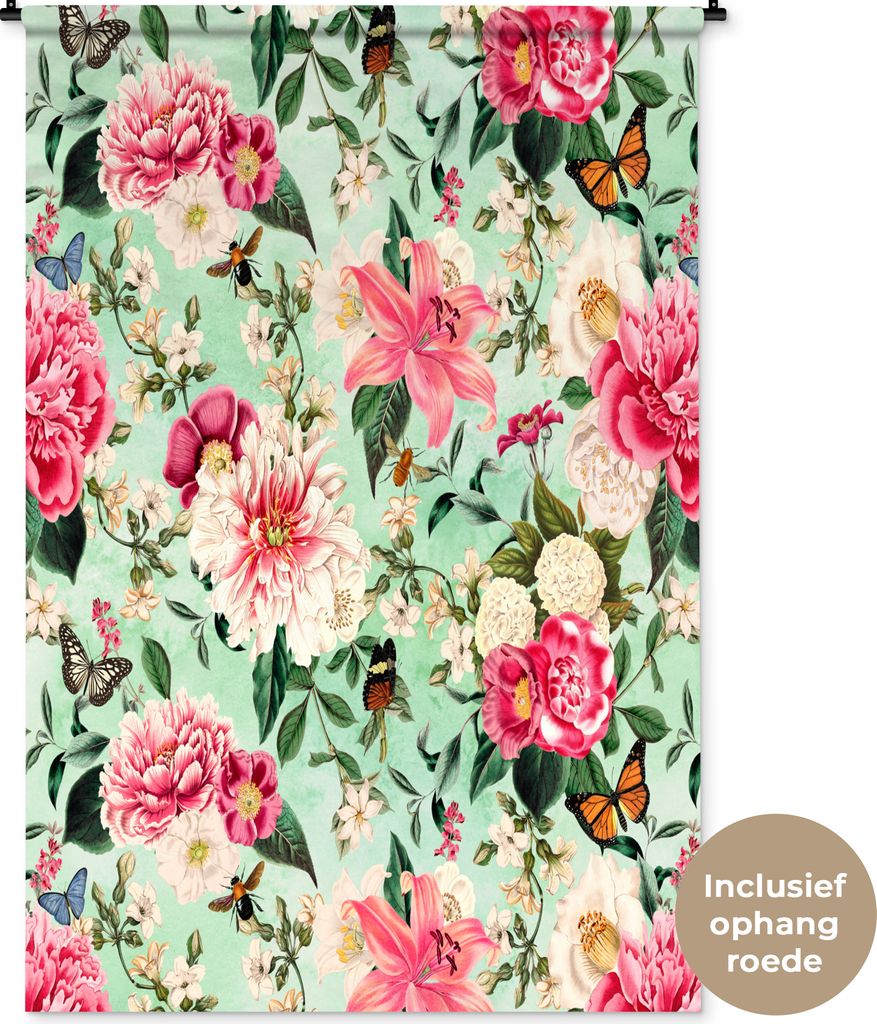 MuchoWow® Wandteppich Wandbehang Blumen - Insekten - Produktbild 