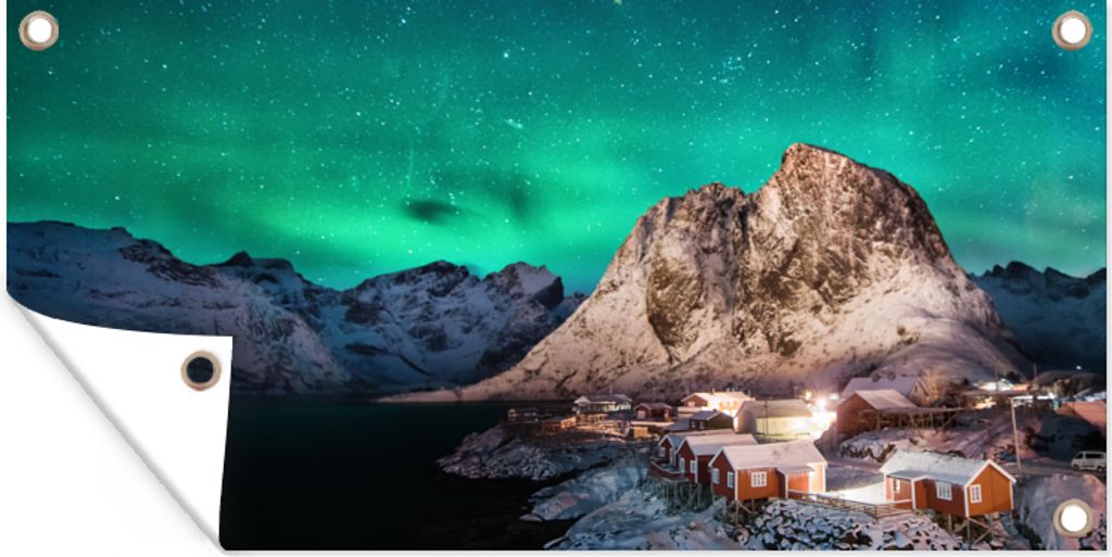 MuchoWow 160x80 cm Outdoor-Poster Gartendeko Sichtschutz Garten Poster für den Garten Nordlichter - Berge - Norwegen