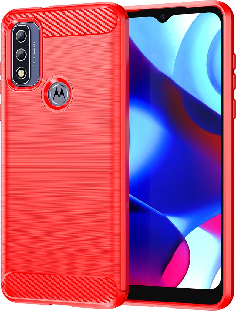 Moto G Pure 2021 Hülle, Carbon-Faser TPU Silikon Stoßfest Schutzhülle für Motorola Moto G Pure 2021 Rot
