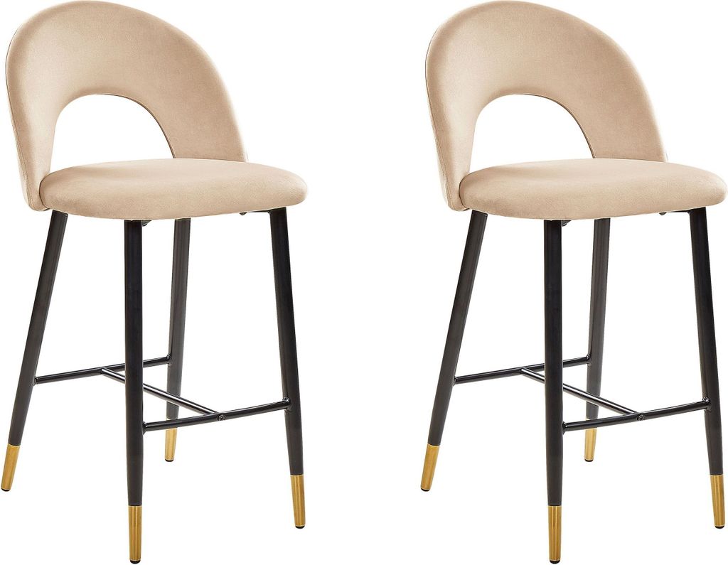 BELIANI Barstuhl 2er Set Beige Samtstoff mit Schwarz-Goldenen Metallbeinen Fußstütze Glamouröser Look Modern Esszimer Wohnzimmer Küche Sitzmöbel
