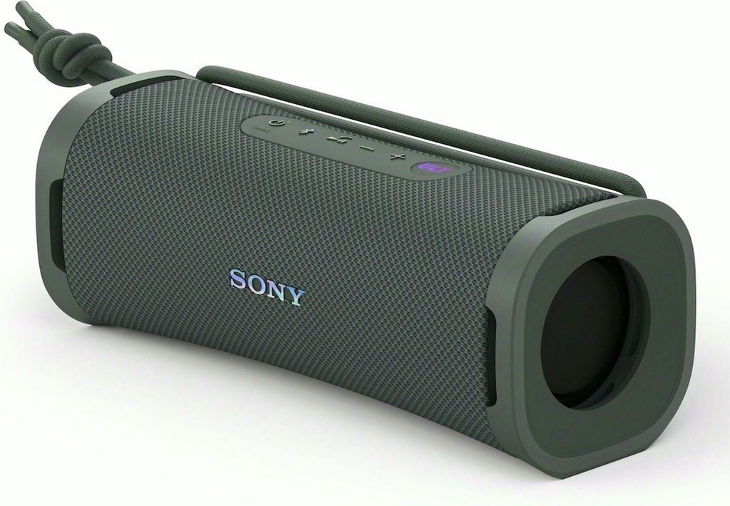 A gray Sony Bluetooth speaker is shown against a white background.