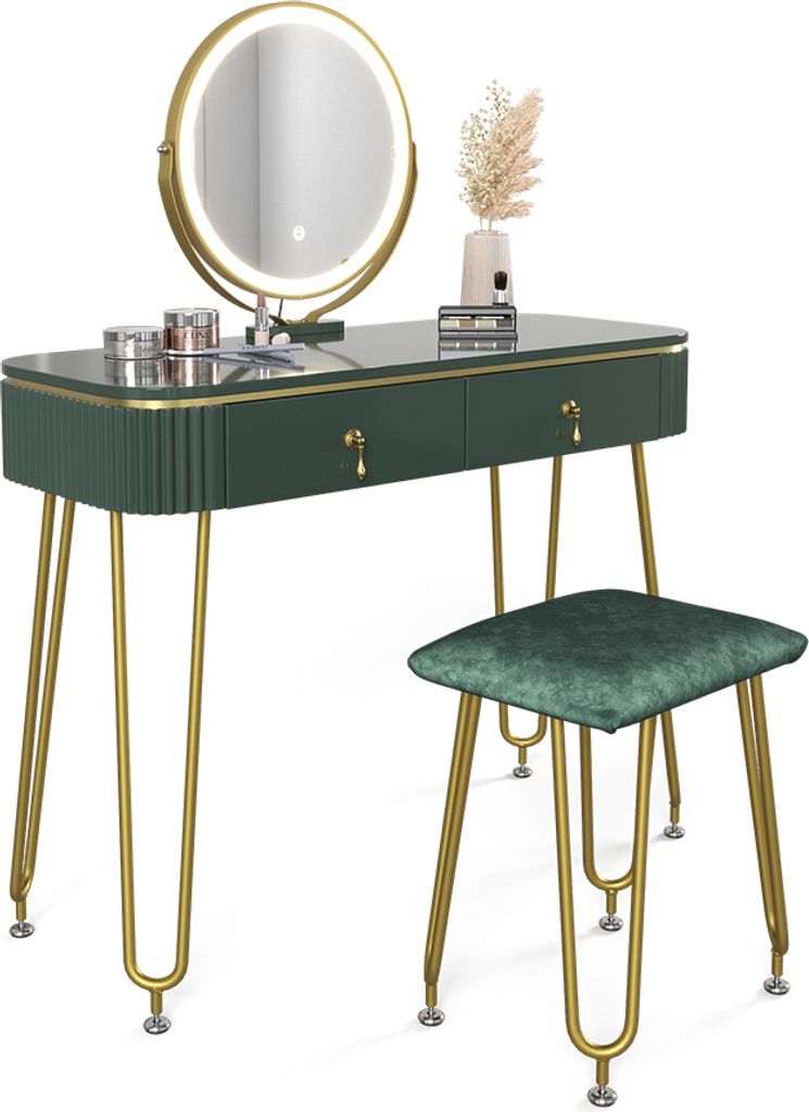 A dark green vanity table with a lighted mirror and a matching stool, set against a white background.