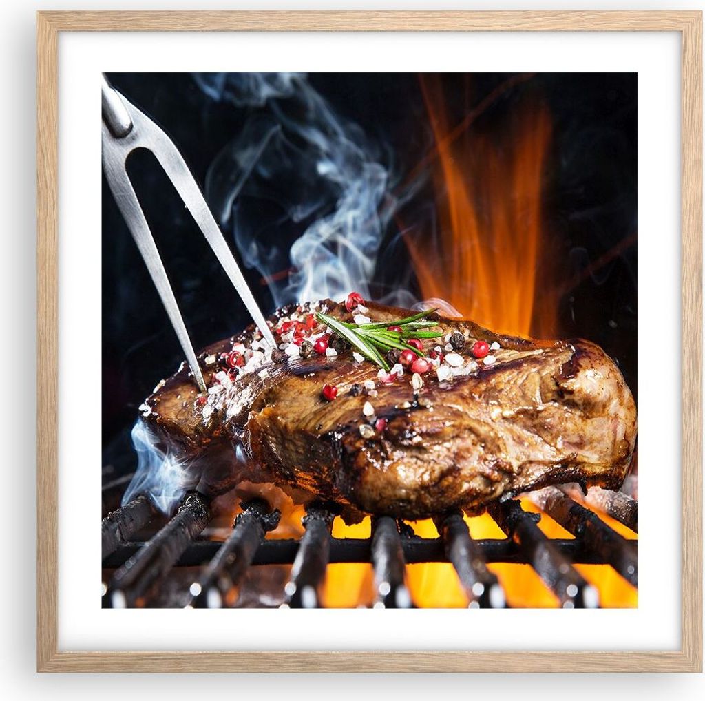 Gerahmtes Poster - Rahmen in heller Eiche - Steak Grill Flammen Essen - 50x50 cm - Wand Bild - Wanddeko - Wandbilder - Wandposter - Bilderrahmen - ...