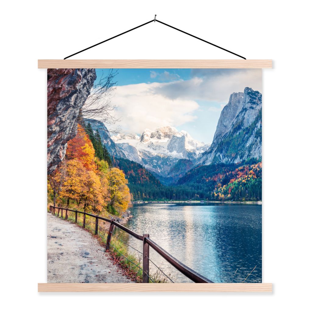 MuchoWow Textilposter Berge - See - Weg - Natur - Wasser 120x120 cm mit holzfarbenen Rahmen - Textil-Poster