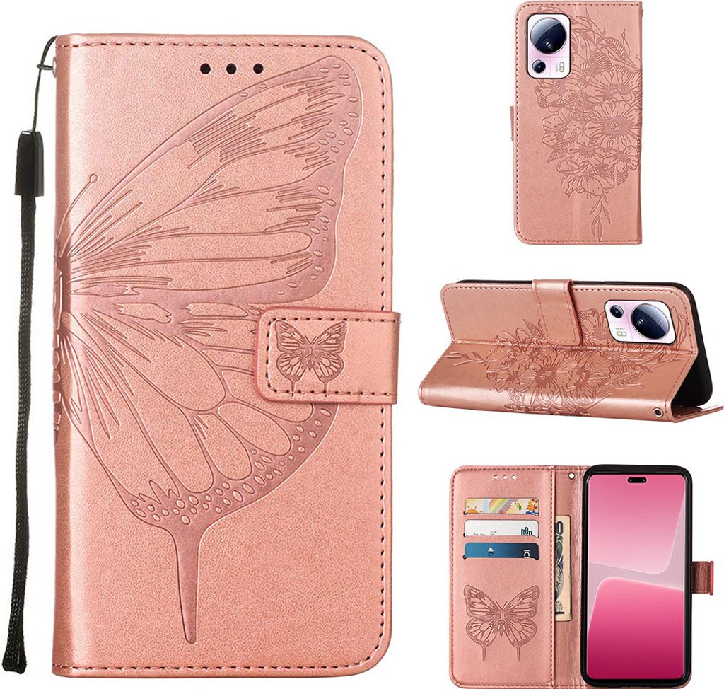 Lederhülle für Xiaomi 13 Lite 5G Schmetterling Prägung Flip Ledertasche Kartenfächer Handyhülle mit Ständer Pink