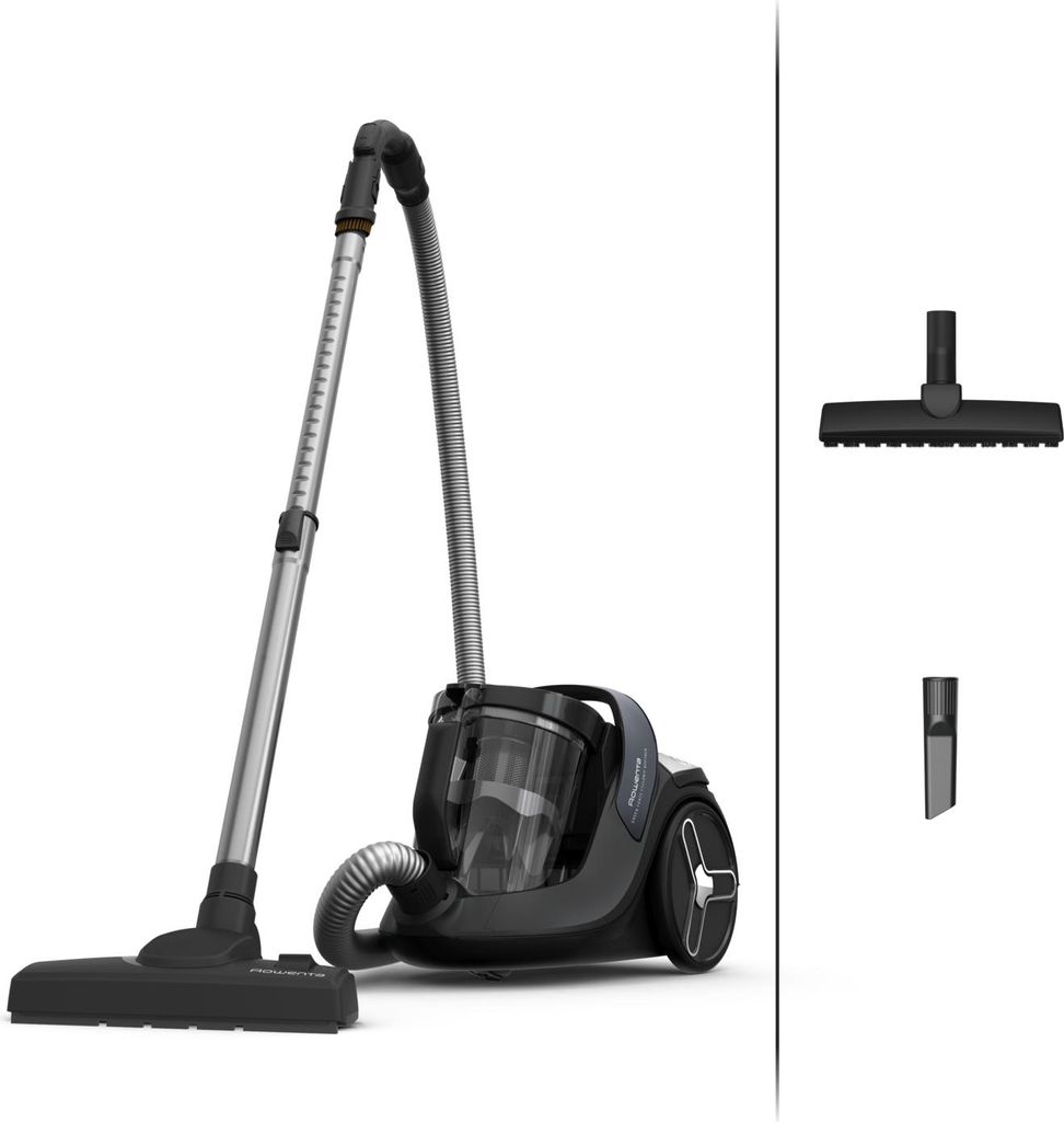 A vacuum cleaner and its accessories are displayed against a white background.