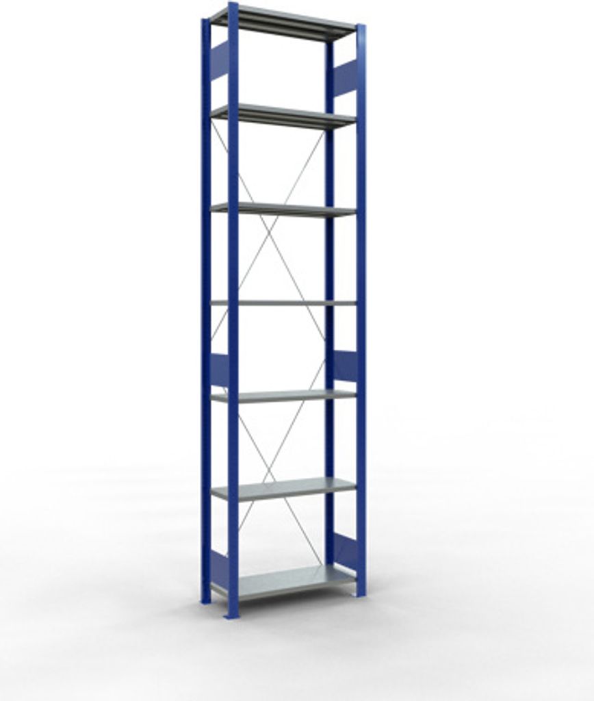 Schulte Fachbodenregal MULTIplus150 Stecksystem | Grundregal | HxBxT 300x75x30cm | 7 Ebenen | Fachlast 150kg | Enzianblau/Verzinkt