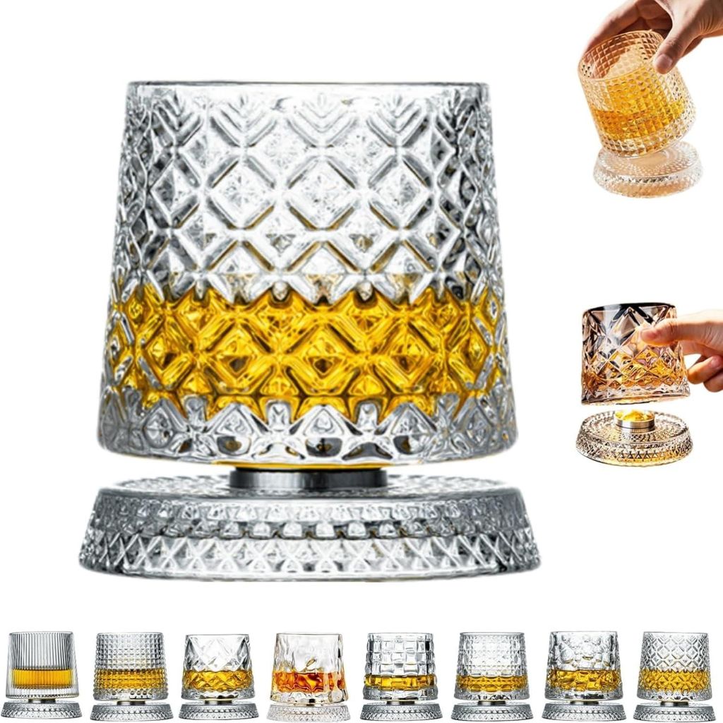 Drehbarer Kristallbecher(B), Wasser-/Bierglas, 280 ml, mit Leuchtender Kristall-Untersetzer,als Cocktailglas oder Kaffeetasse verwendbar,Geschenk