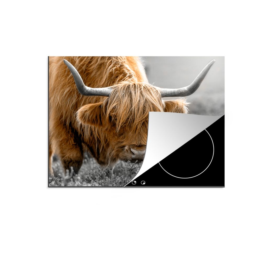 KitchenYeah Herdabdeckplatte Farbe - Schwarz - Weiß - Scottish Highlander , 59x52cm, Küche Deko, Glaskeramikkochfeld Herdabdeckung, Abdeckplatt...