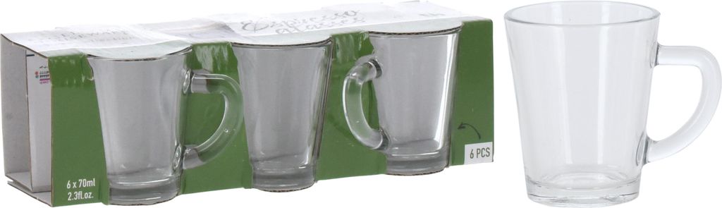 A set of glass mugs in packaging, with one mug shown separately.