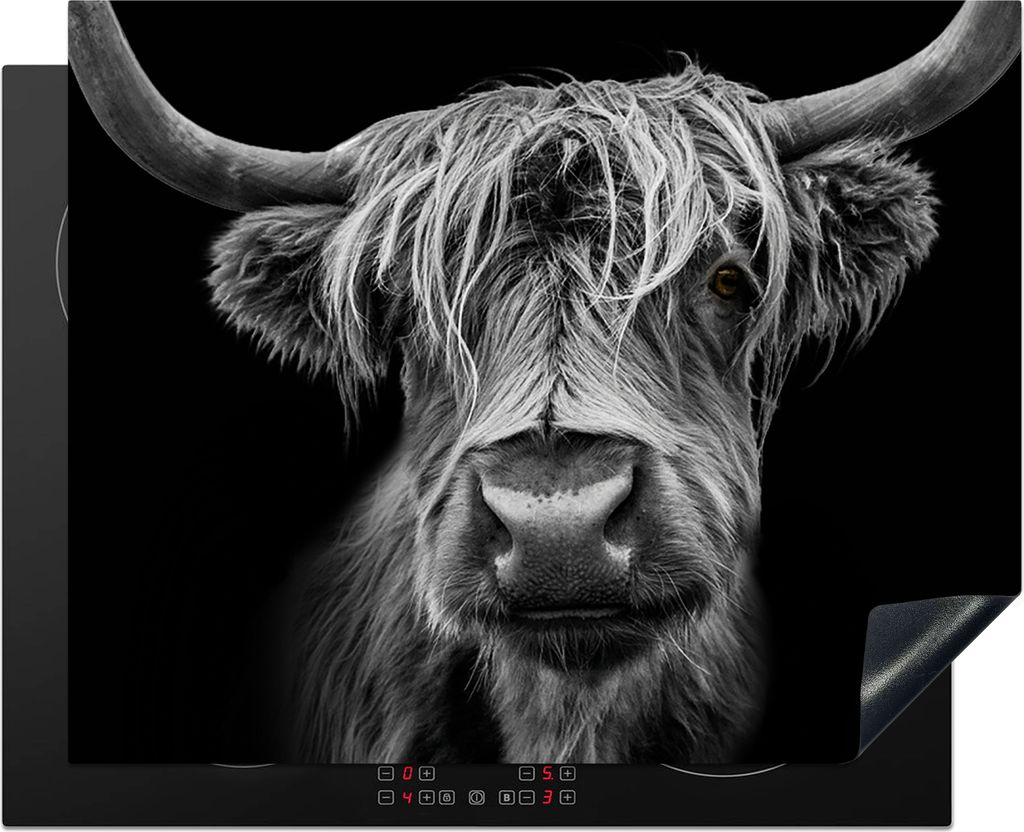KitchenYeah Herdabdeckplatte Schottischer Highlander - Hörner - Schwarz - Weiß - Kuh - Wild - Tiere , 65x52cm, Küche Deko, Glaskeramikfeld Her...