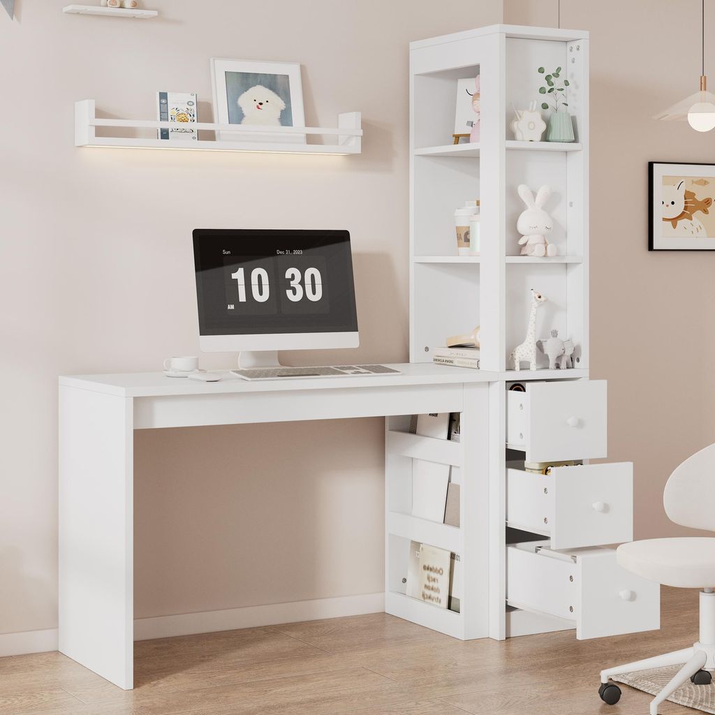 MODFU Schreibtisch mit Bücherregal,Kombinierter Laptoptisch Schreiben mit Arbeitstisch,Regal, 3 Schubladen & Seitenschrank,Laptoptisch mit 120cm T...