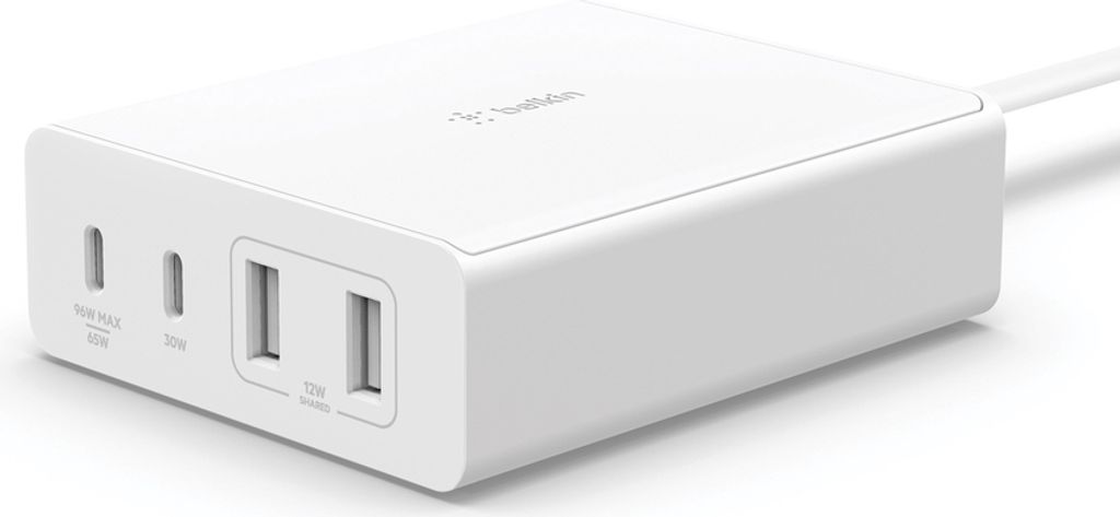 A white Belkin 4-port GaN charger with two USB-C and two USB-A ports is shown on a white background.