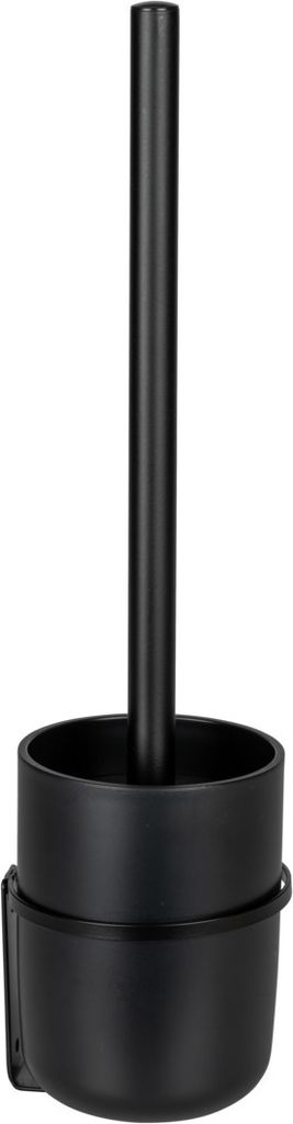 A black toilet brush holder with a handle, shown against a white background.