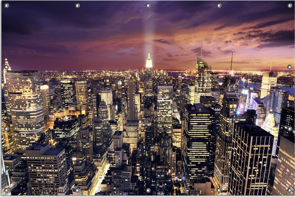 Wallario Outdoor-Poster für Garten oder Balkon, Motiv New York bei Nacht - Panoramablick über die Stadt, in ca. 120 x 180 cm
