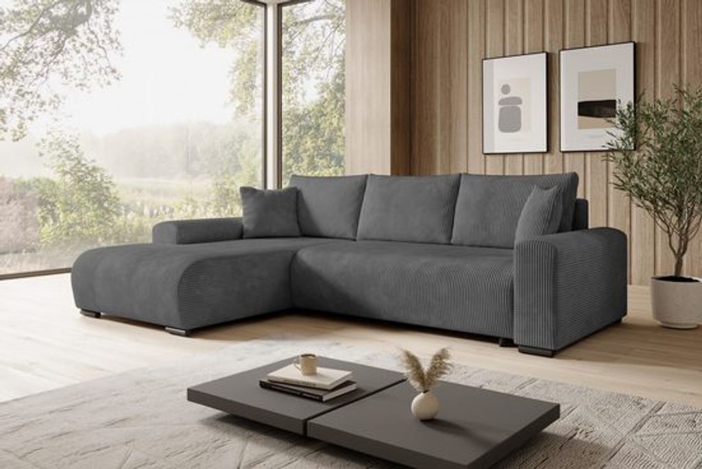 STOREZ24 L-Form Ecksofa NELLY inklusive Schlaffunktion, Ecke mit Bettkasten, Farbe: Dunkelgrau, Seite: links
