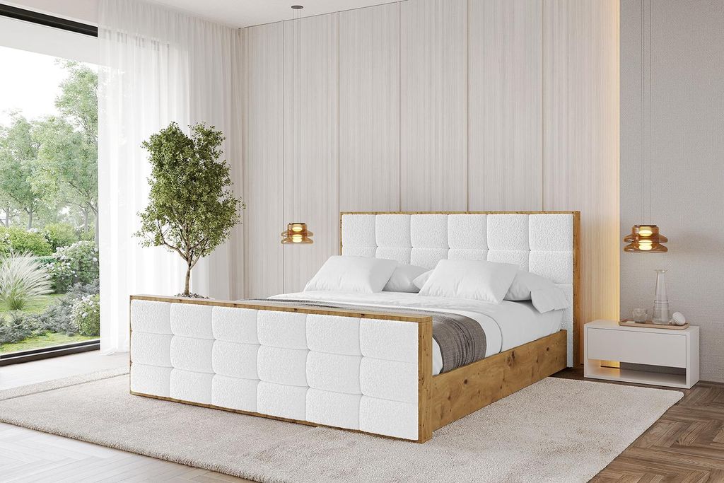 ALTDECOR Polsterbett mit Bettkasten - ENZO2-Z - 120x200 Weiß- Bett mit Kopfteil und Fußteil, Boxbett ohne Matratze, Doppelbett mit Stauraum