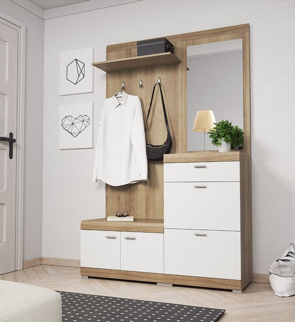 A hallway furniture set with a mirror, shelf, coat hooks, and storage drawers and cabinets, displayed in a room setting.