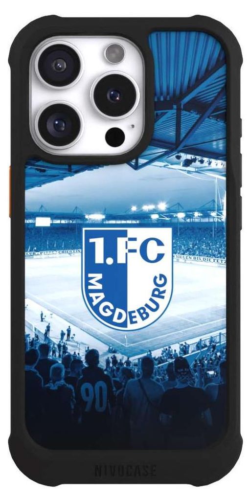 NIVOCASE Hülle für Apple iPhone 16 Pro Stoßfeste Handyhülle NIVOmax Case Schwarz Stadion 1. FC Magdeburg 1. FCM