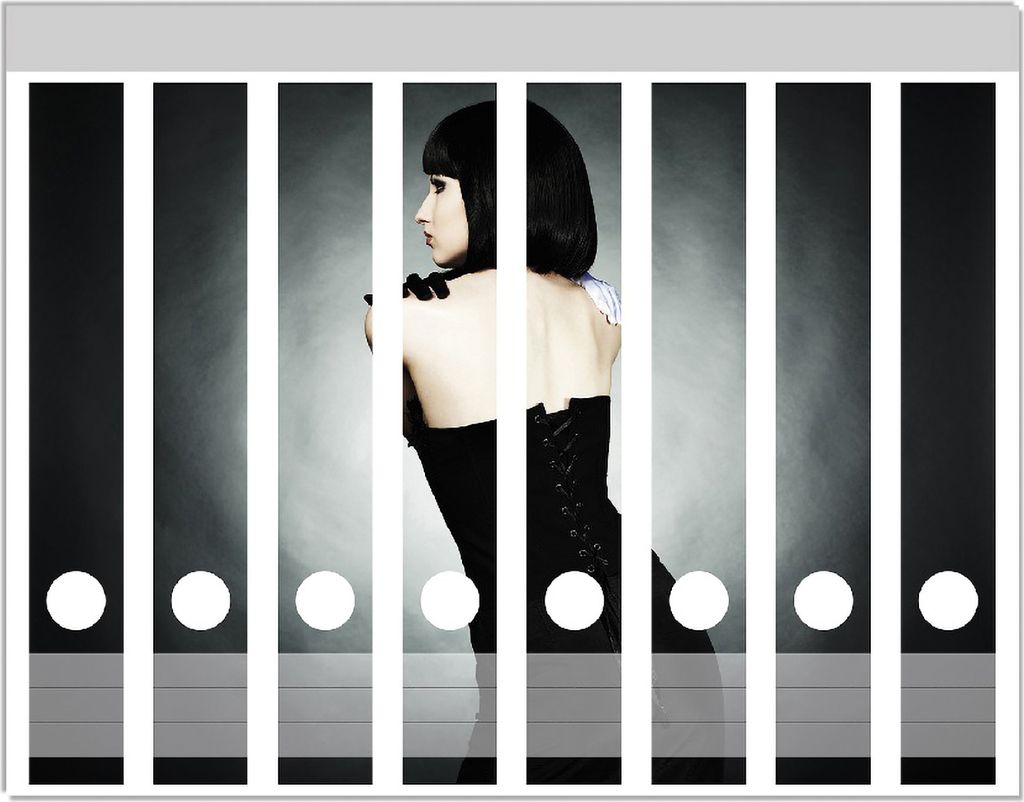 Wallario Ordnerrücken Sticker, selbstklebend für schmale Ordner, 8 Stück, Motiv Schöne Frau im schwarzen Kleid zeigt ihren Rücken