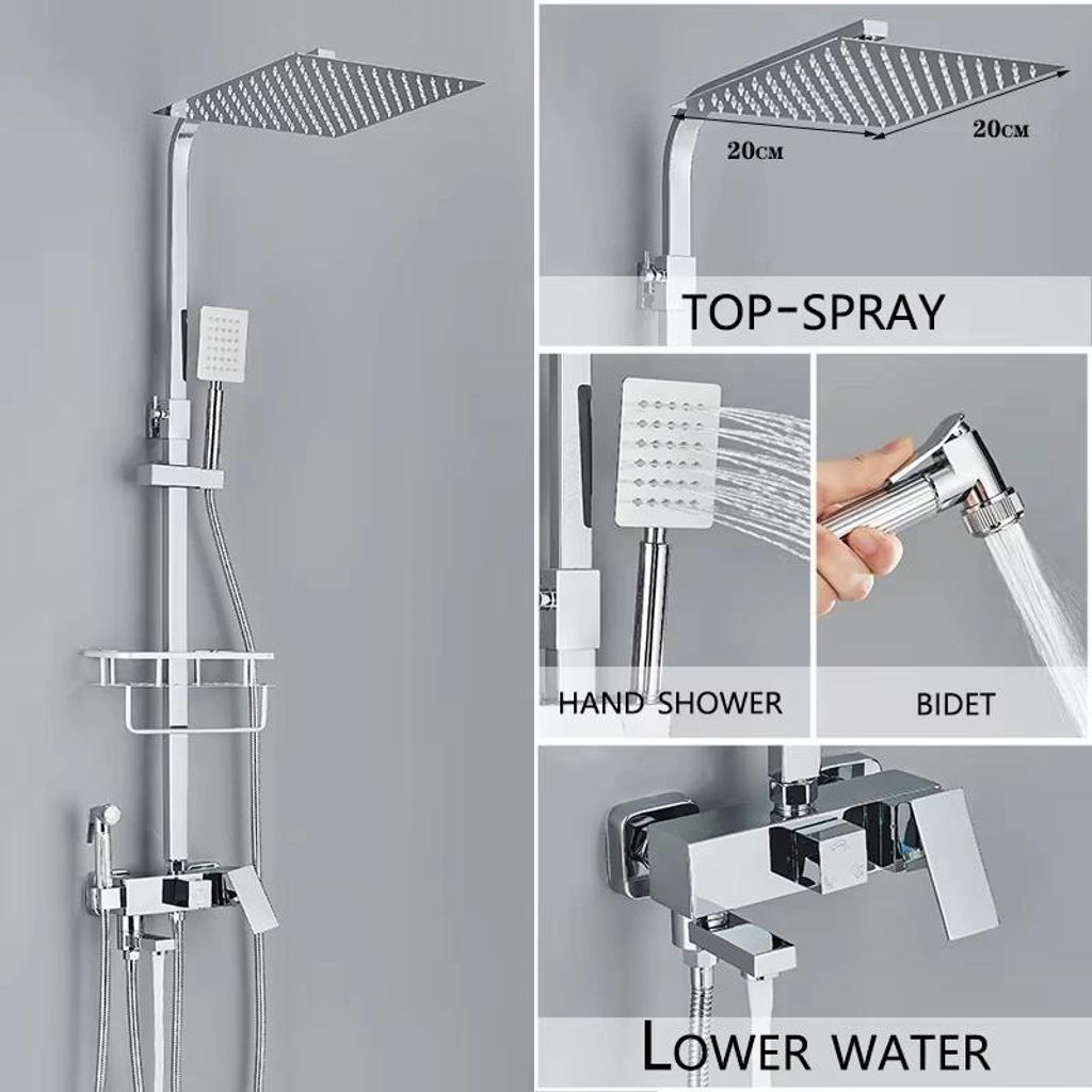 Wandmontiertes Duschsystem - 4-Wege Regendusche 20 cm mit Gleitschiene - Einhebelmischer - Warm/Kalt - Keramikkartusche - Chromoberfläche - Hellgrün