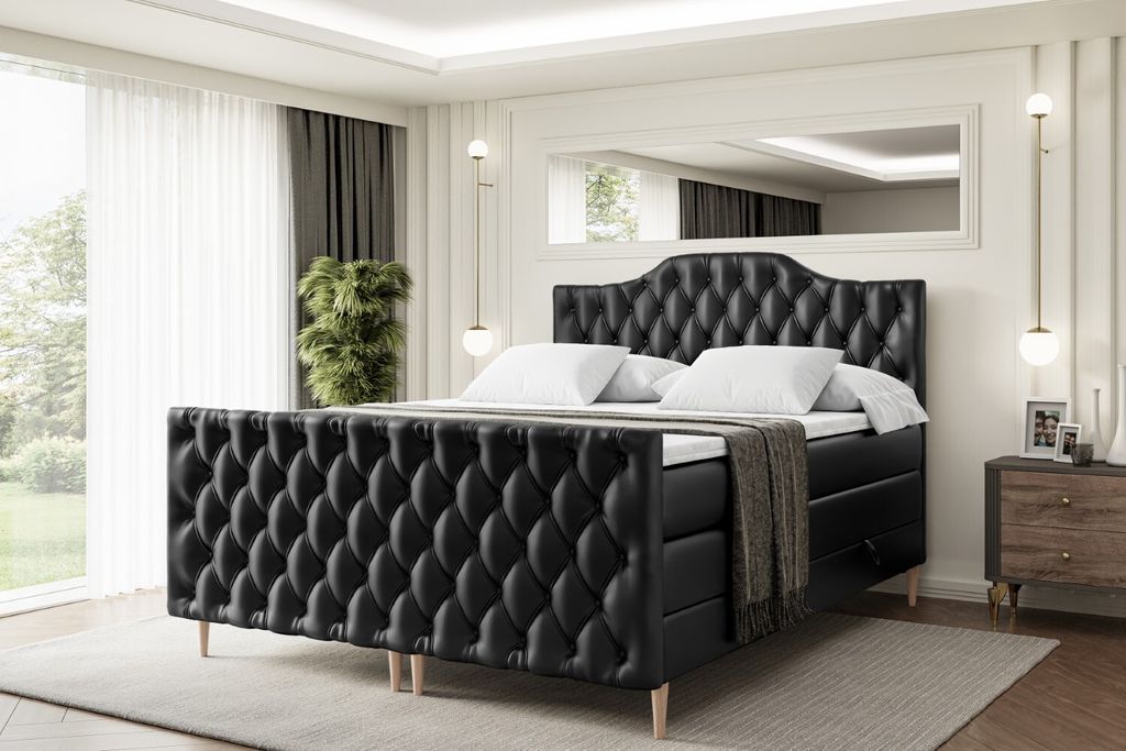 ALTDECOR Boxspringbett mit Holz Füßen, Matratze und Lattenrost, Topper, Fußteil, Polsterbett mit Bettkasten, Bett mit Stauraum H3- und H4- Matra...