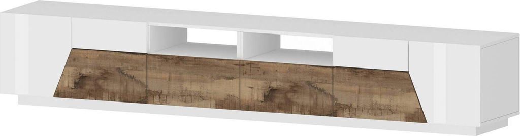 Fernsehschrank Dfagiol, Niedriges Sideboard für Wohnzimmer mit 4 Türen, Sockel für TV-Möbel, 100 % Italy, cm 260x43h46, Weiß glänzend und Ahorn