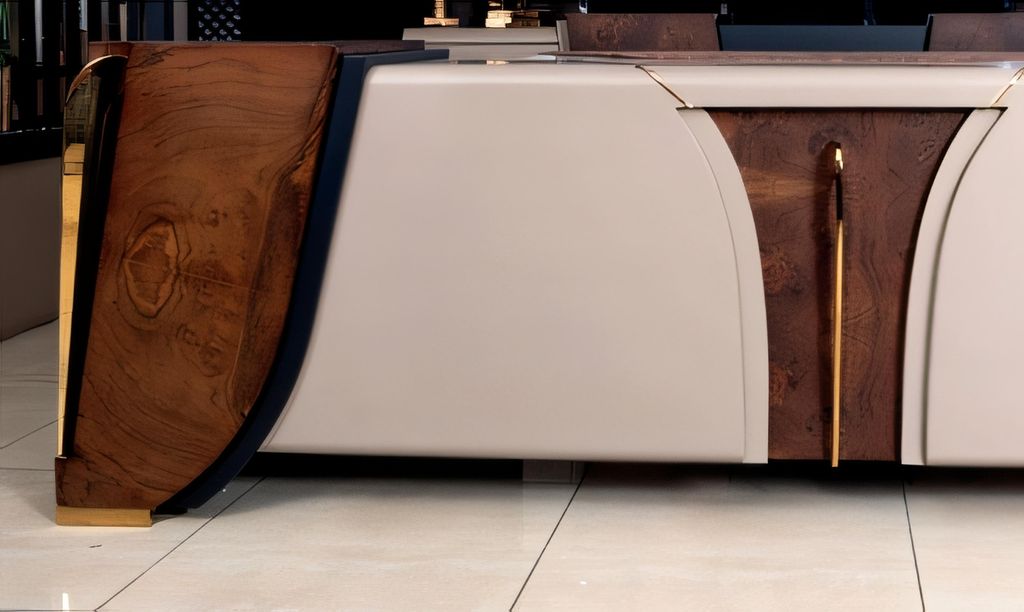 Designer Schreibtisch Beige Holzrahmen mit goldenen Details und modernem Look