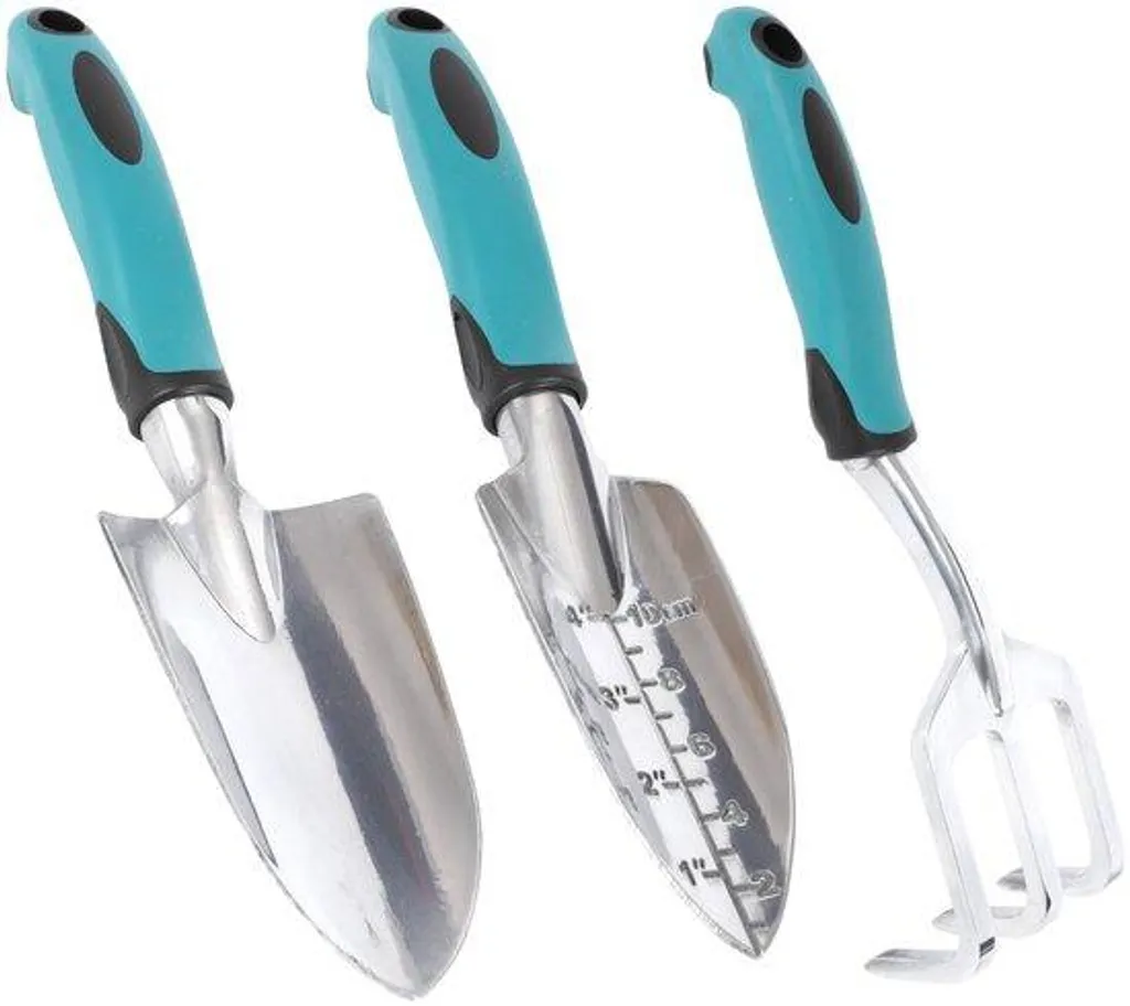 Set d'outils de jardinage à main en alu et gants de protection verts