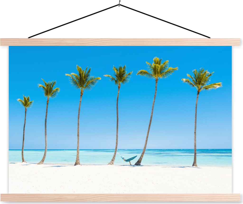 MuchoWow Textilposter Meer - Palmen - Hängematte 120x80 cm mit holzfarbenen Rahmen - Aufhängeset