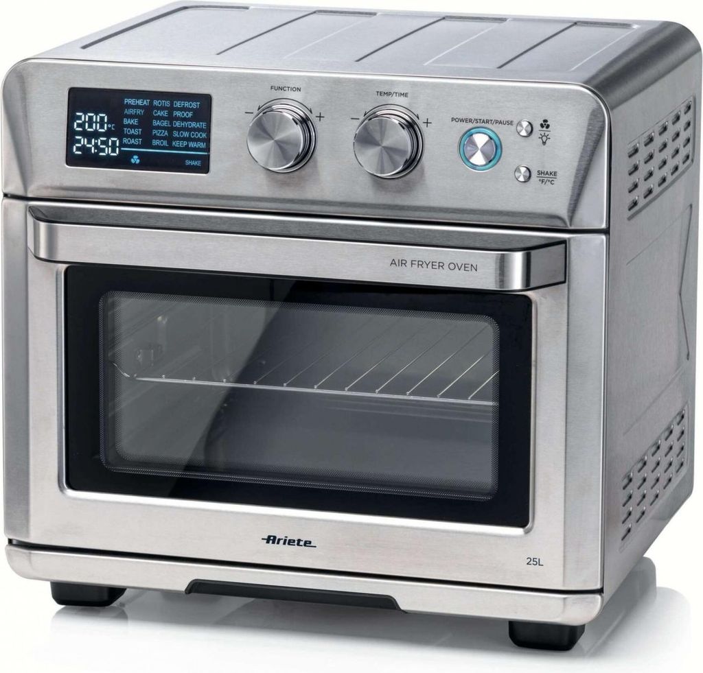 A stainless steel air fryer oven is shown from a front-facing angle on a white background.