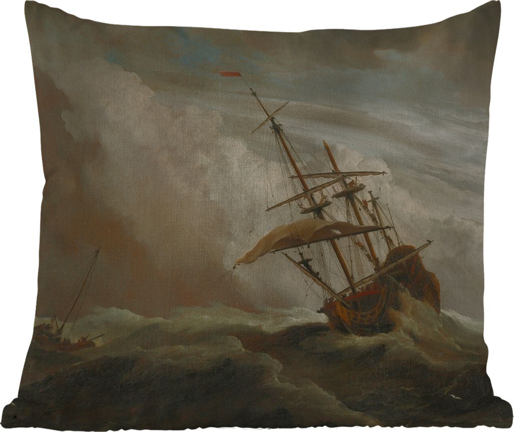 MuchoWow Outdoor Kissen - Ein Schiff auf offener See während eines Sturms - Gemälde von Willem van de Velde - 50x50 cm - Wetterfest - Lounge Ki...
