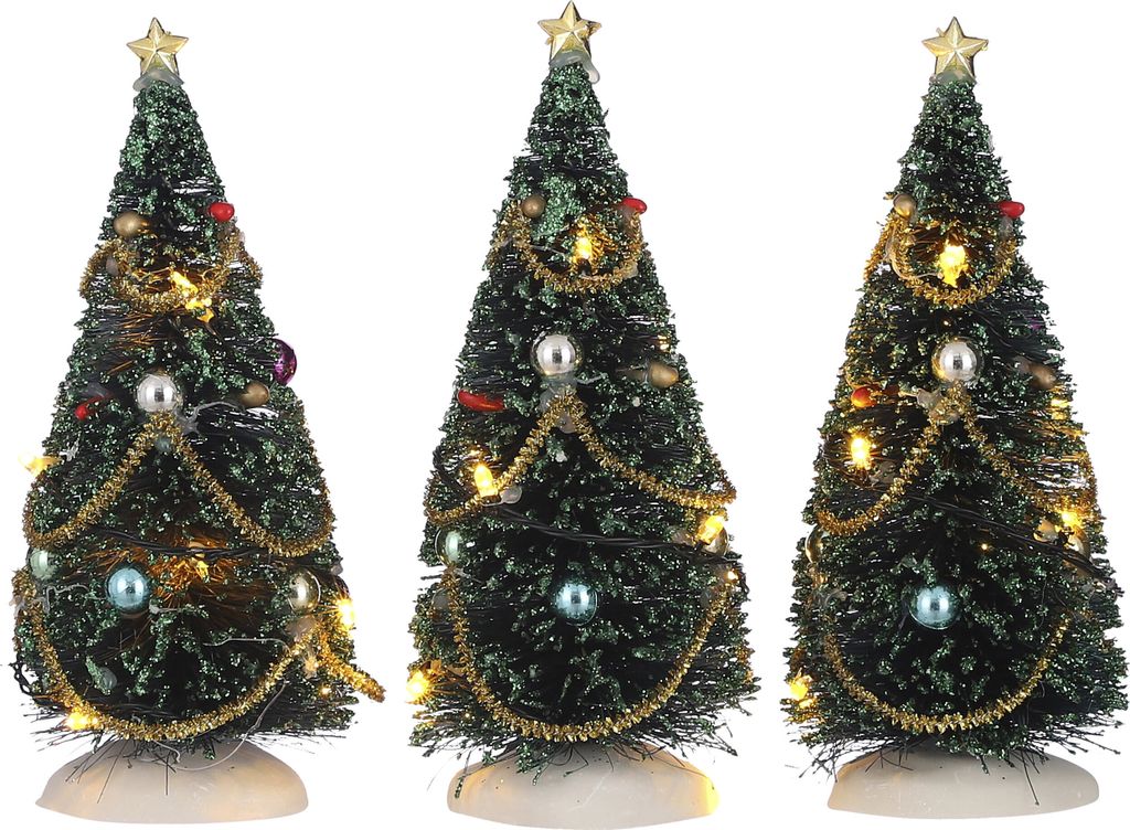 LuVille Weihnachtsdorf-Miniatur Weihnachtsbäumen mit blinkenden farbigen LED-Lichtern - 3 Stück - H15 cm