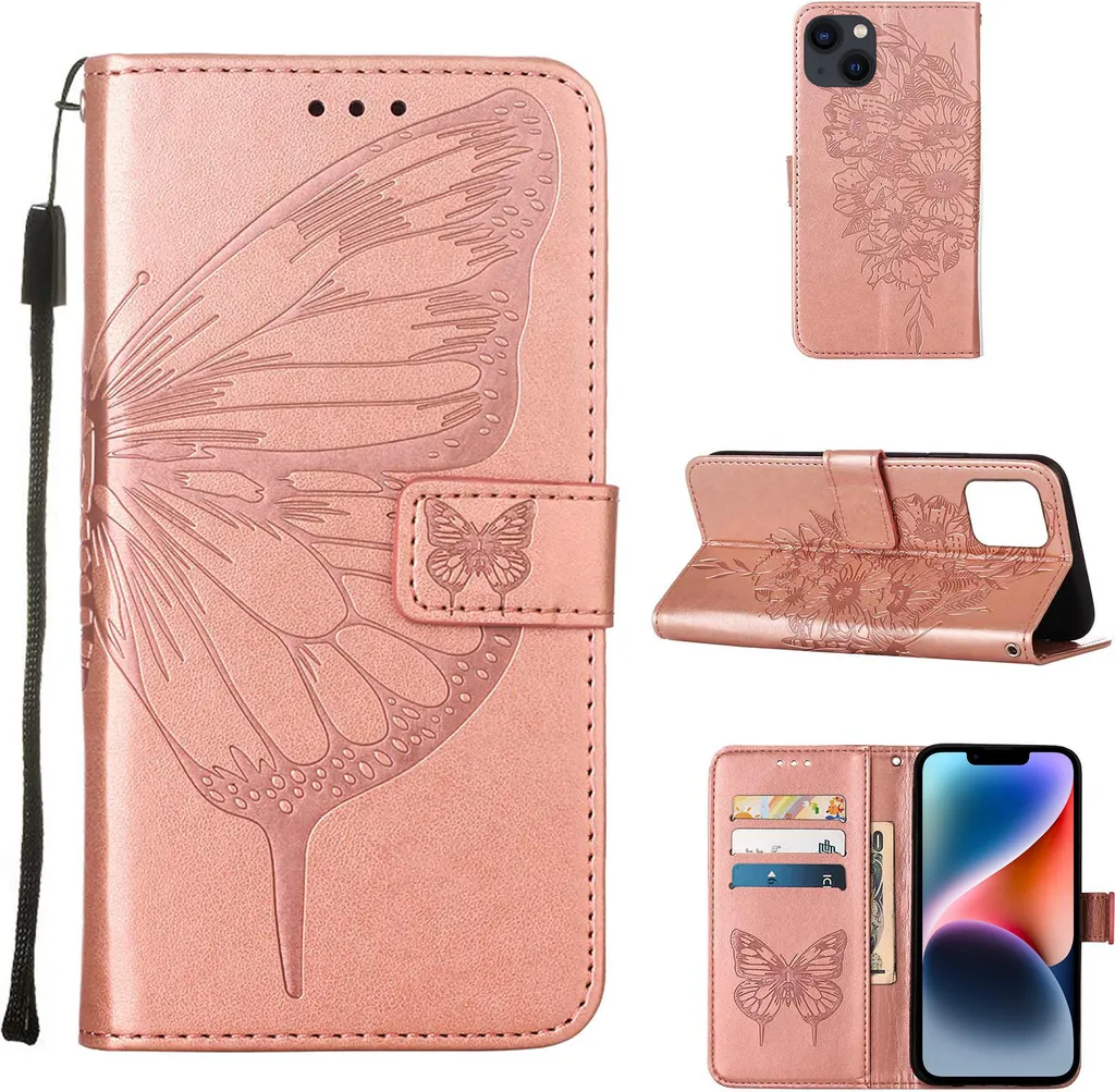Cover iPhone 14 Pelle Portafoglio Farfalla Rose Gold Luxury