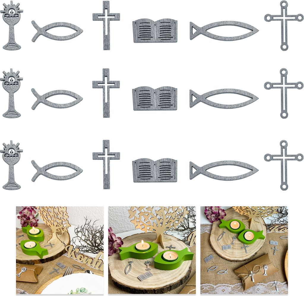 Oblique Unique Holz Konfetti 18 teilig Kreuze Fische Bücher uvm. Streudeko Tisch Deko für Taufe Kommunion Konfirmation - Echtholz silber