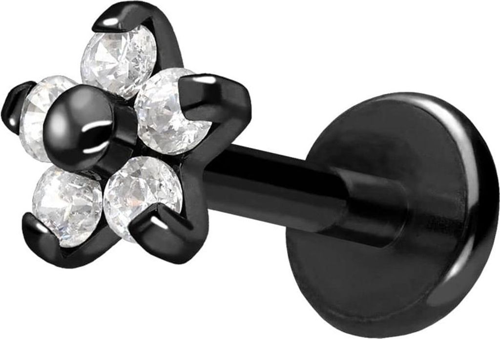 Ohrpiercing, Nasenpiercing Titan Labret mit Push Fit BLUME MIT 5 KRISTALLEN Schwarz Stablänge: 8mm | Stabstärke: 1mm