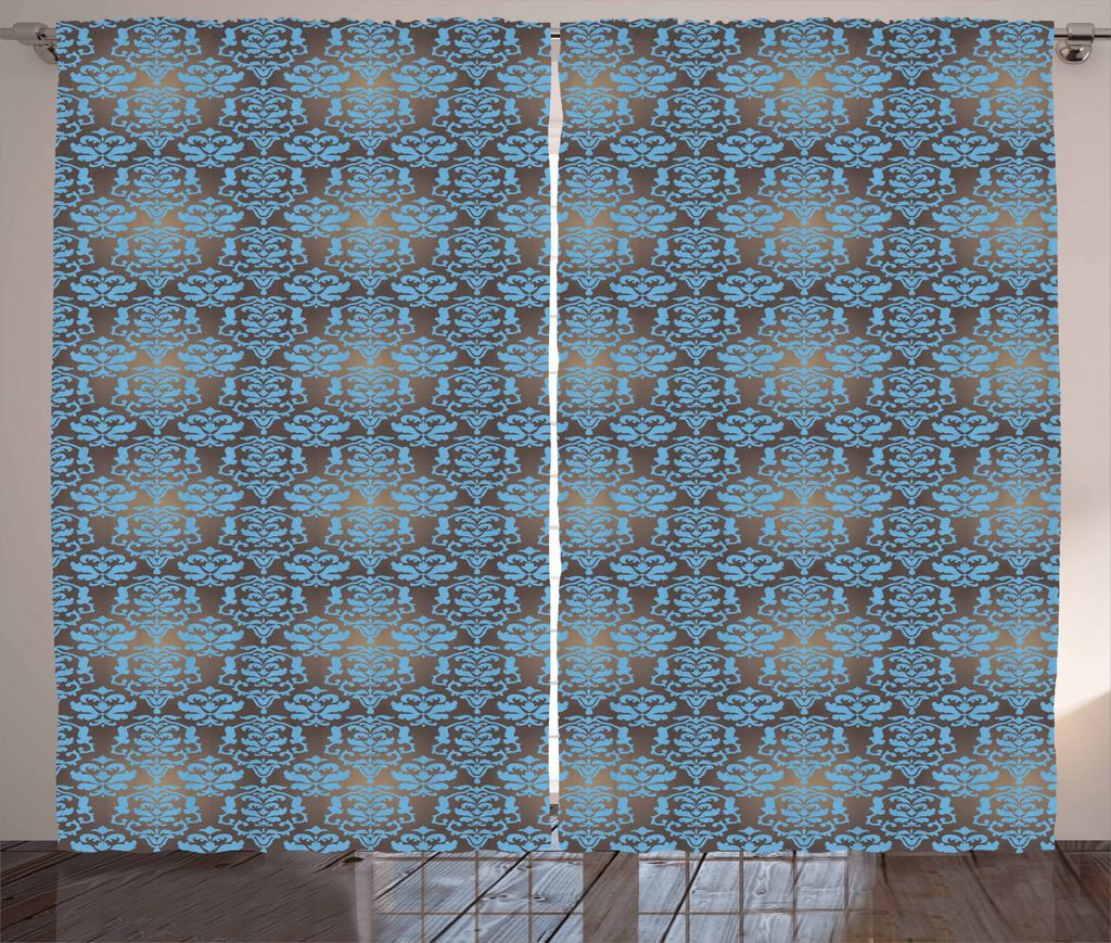 ABAKUHAUS Brown und Blau Rustikaler Gardine, Damast-Motive, Schlafzimmer Kräuselband Vorhang mit Schlaufen und Haken, 280 x 175 cm, Taupe und Blau
