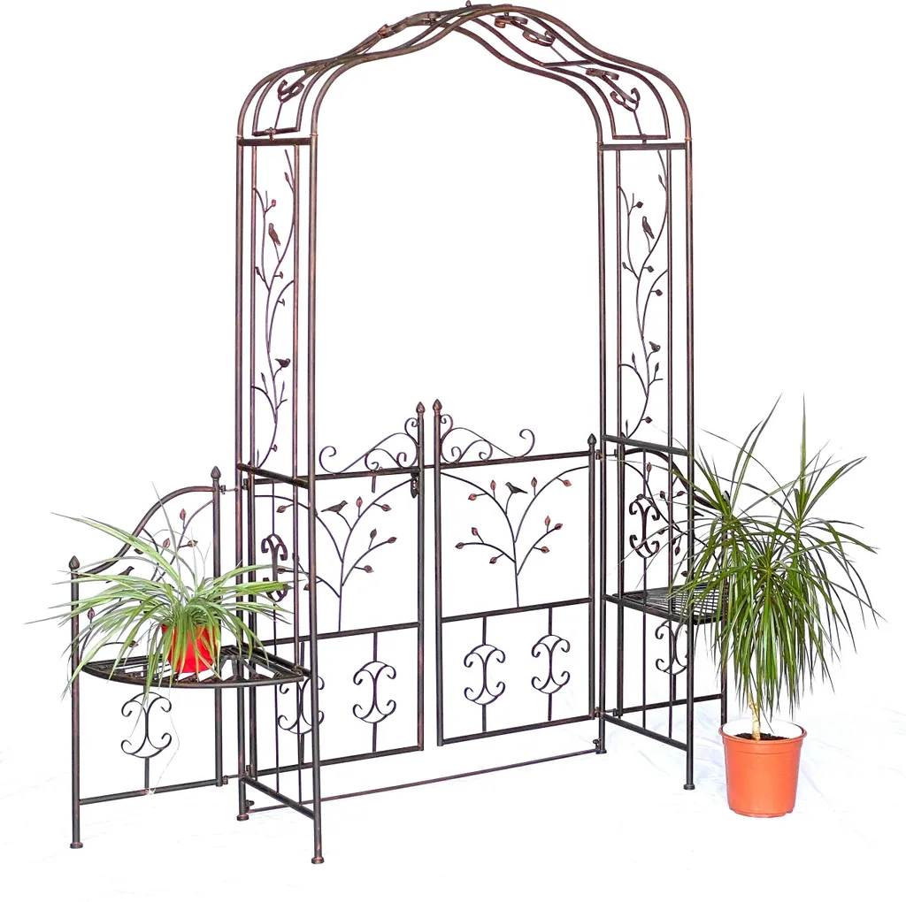 Arche de jardin avec porte en fer forgé, tuteur pour plantes grimpantes