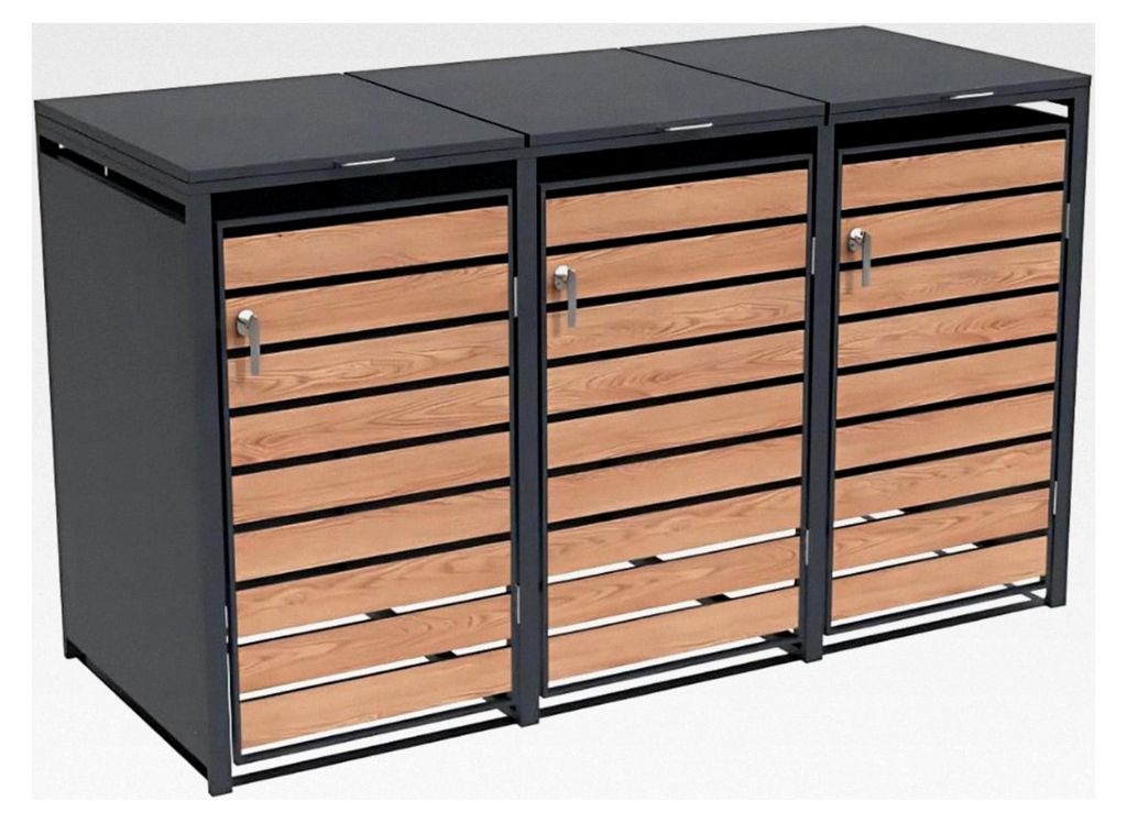 Mülltonnenbox, witterungsbeständig, abschließbar, Pflanzdach wählbar, für 3 Tonnen, Farbe: Holzdesign