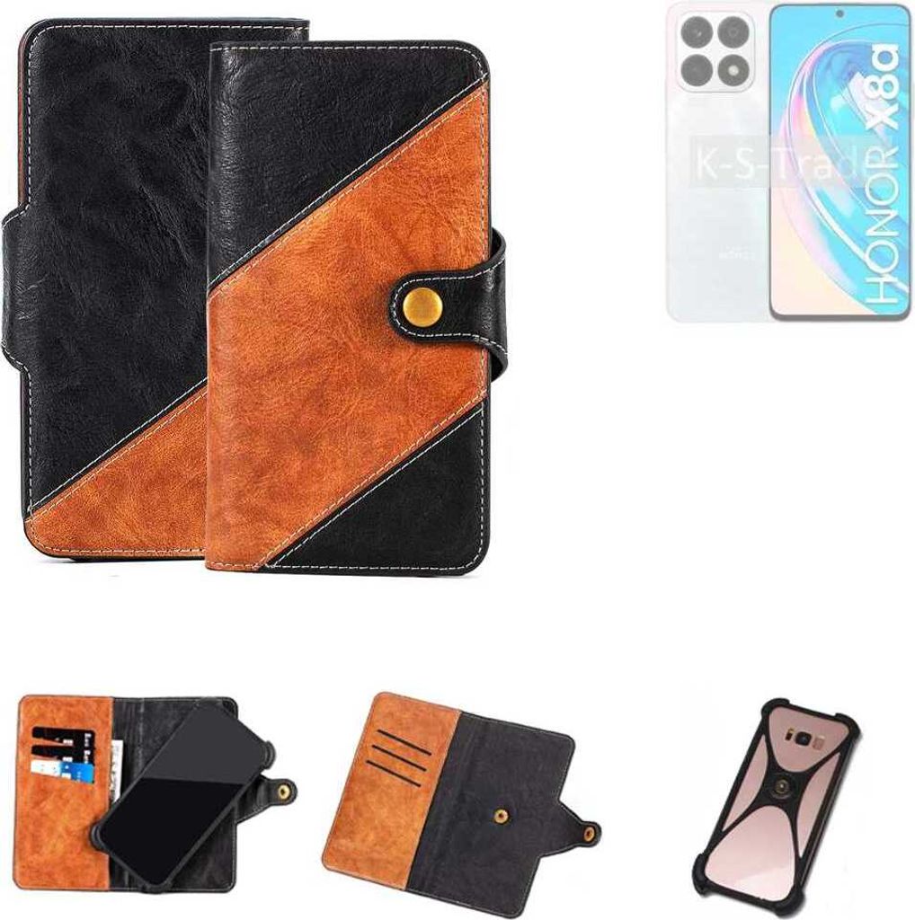 K-S-Trade Handyhülle Schutzhülle Bookstyle Case Wallet-Case kompatibel mit Honor X8a 5G Handy Cover Bumper Klapphülle schwarz hellbraun 1x