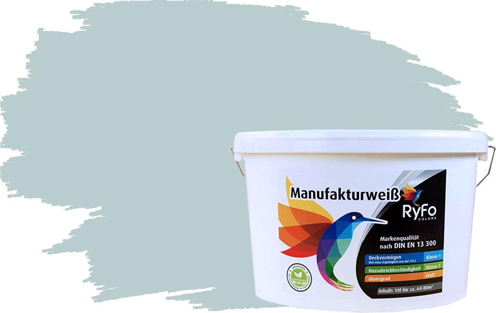 RyFo Colors Bunte Wandfarbe Manufakturweiß Lagune Hell 10l - weitere Blau Farbtöne und Größen erhältlich, Deckkraft Klasse 1, Nassabrieb Klasse 1
