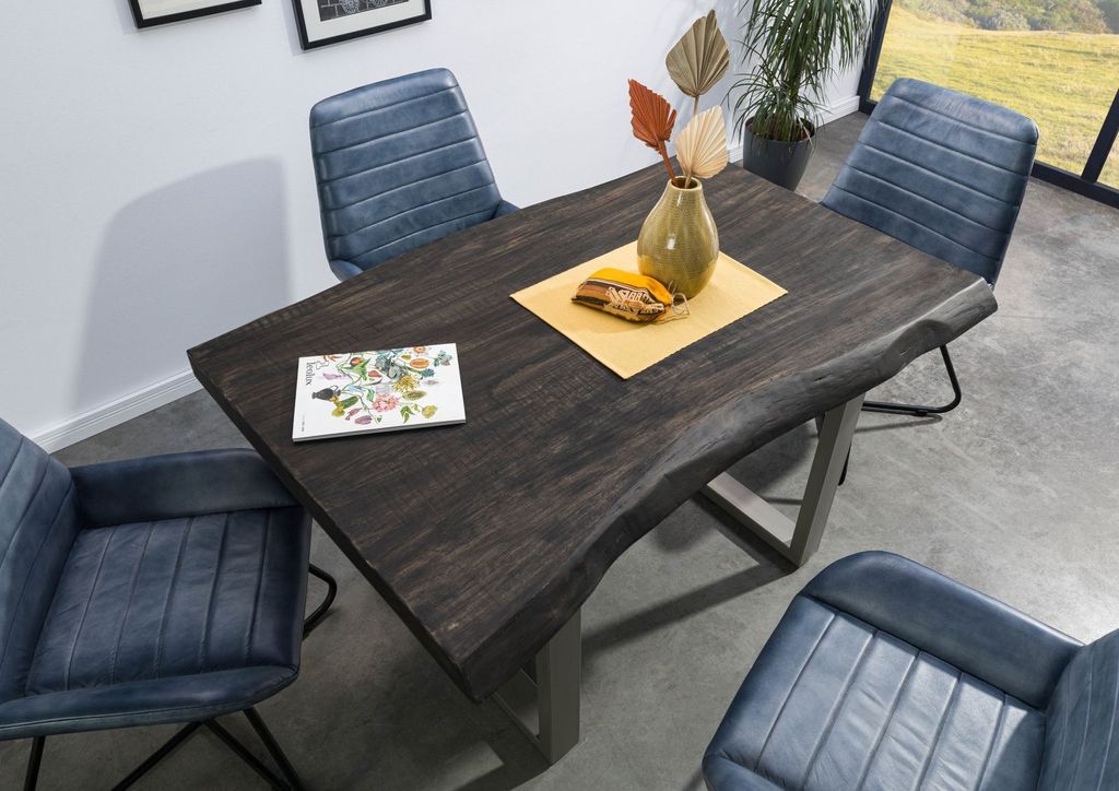 MASSIVMOEBEL24 Baumtisch Mango 160x90x77 grau lackiert / U-Beine silber matt FREEFORM 5