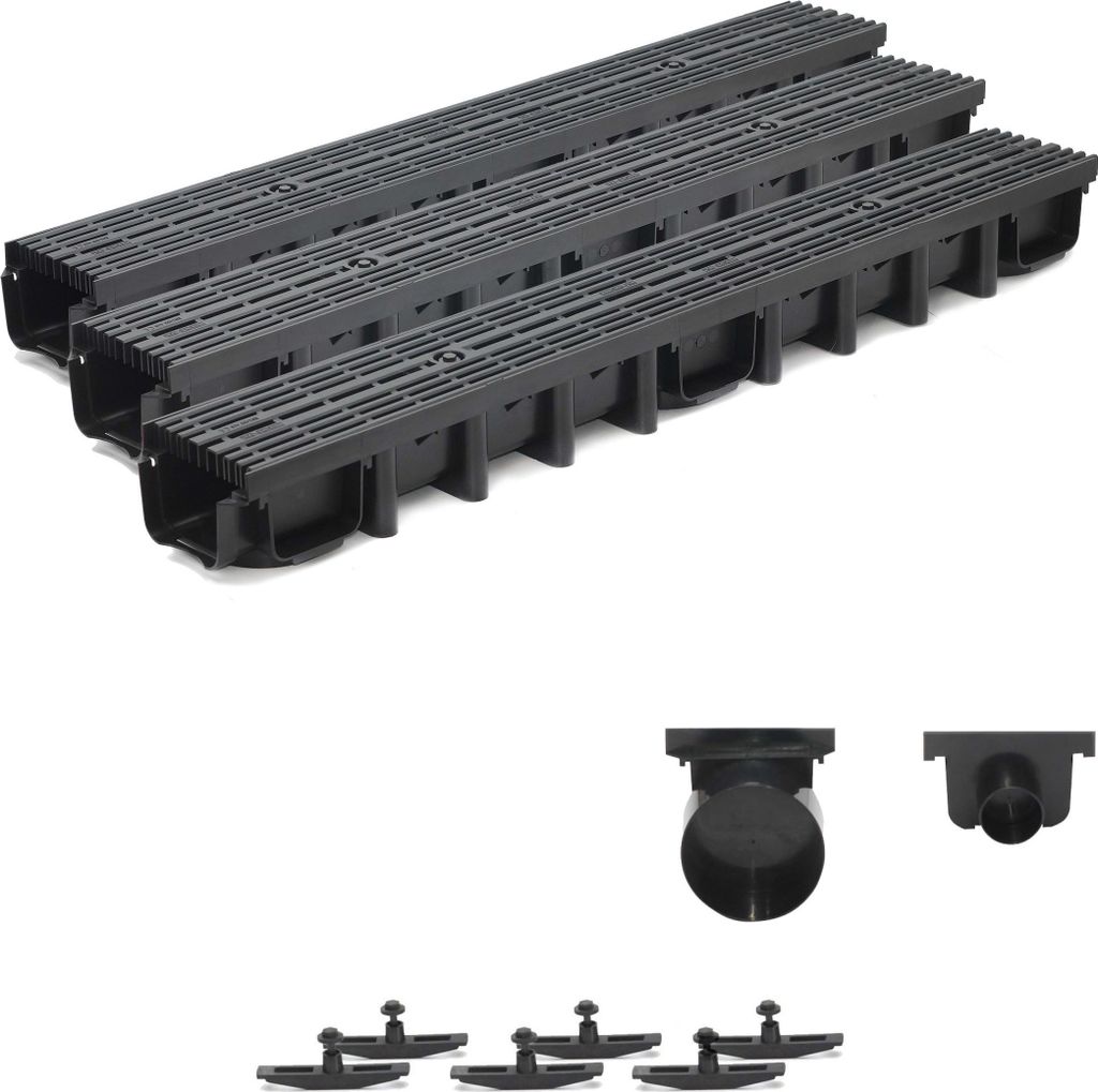 3m Entwässerungsrinne für modulares System A15 98mm, komplett Stegrost Kunststoff, Schwarz Line